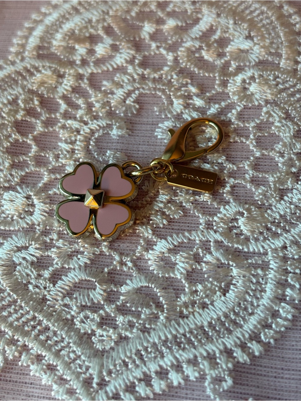 Coach Pink Four-Leaf Clover Charm with Gold Hardware